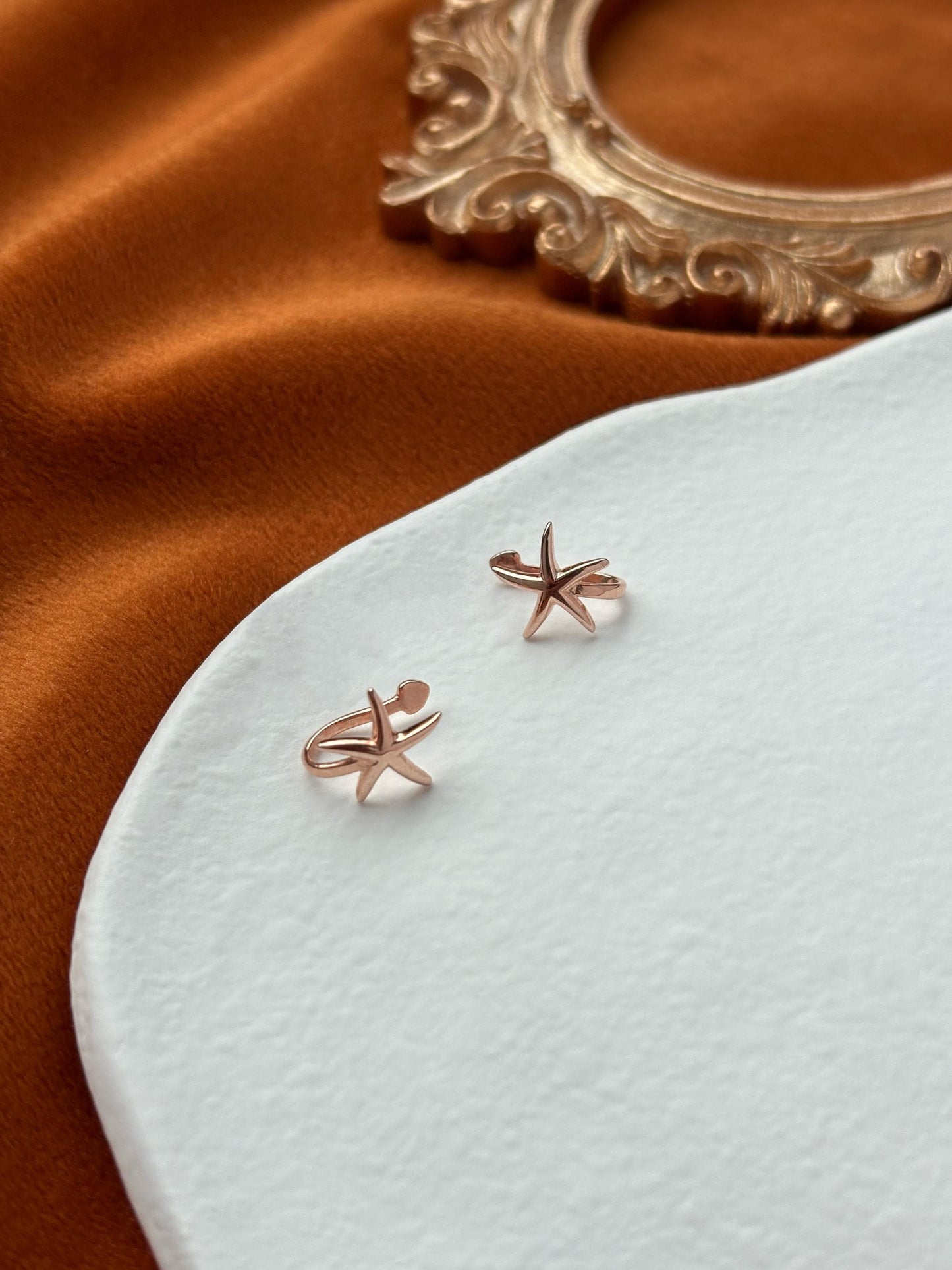 Dainty Silver Starfish Non-Piercing Earrings, Cute Rose Gold Starfish Ear Cuffs Jewelry, 18K Gold Plated 925 Silver Celestial Star Jewellery