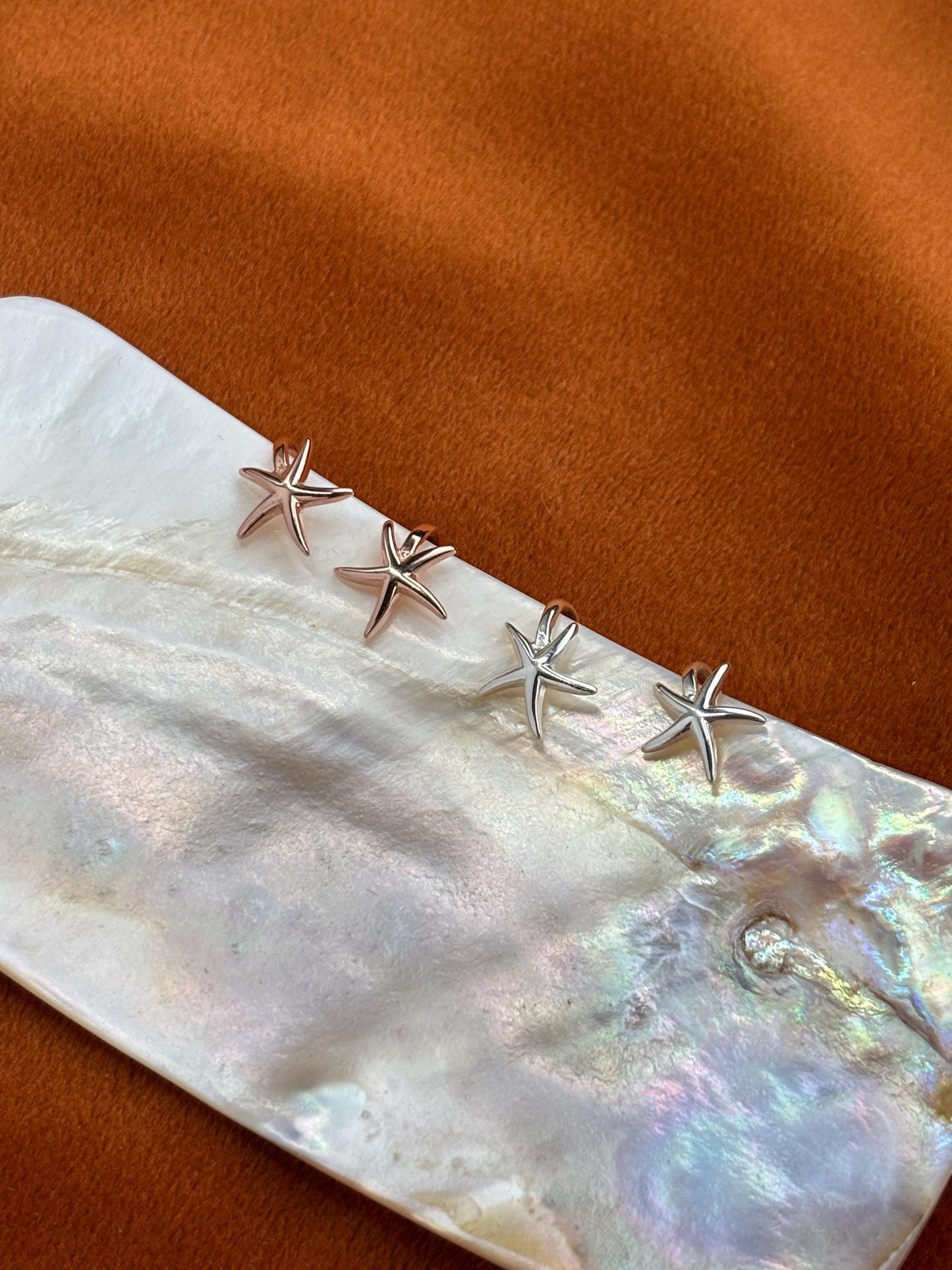 Dainty Silver Starfish Non-Piercing Earrings, Cute Rose Gold Starfish Ear Cuffs Jewelry, 18K Gold Plated 925 Silver Celestial Star Jewellery