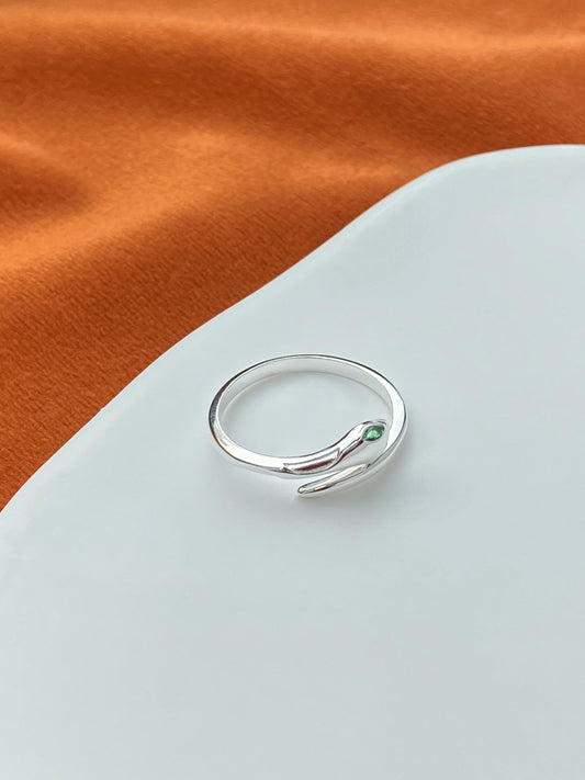 Green Eyes Snake Ring, Green Stone Silver Snake Adjustable Rings, Minimalist Dainty Double Layers Rings Jewelry, Simple Elegant Jewellery