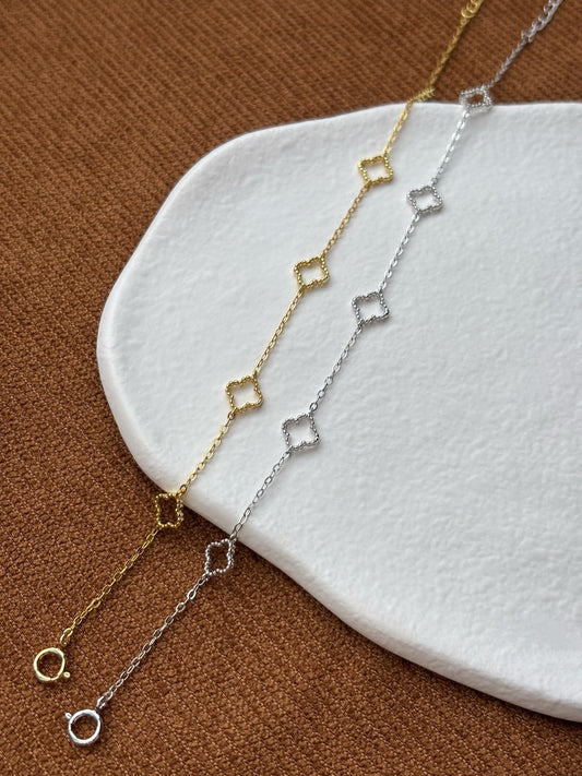 Solid Sterling Silver Four Leaf Clover Bracelet, Golden Flower Charm Bracelet, Floral Gold Plated Jewelry, Dainty Lovely Elegant Jewelry