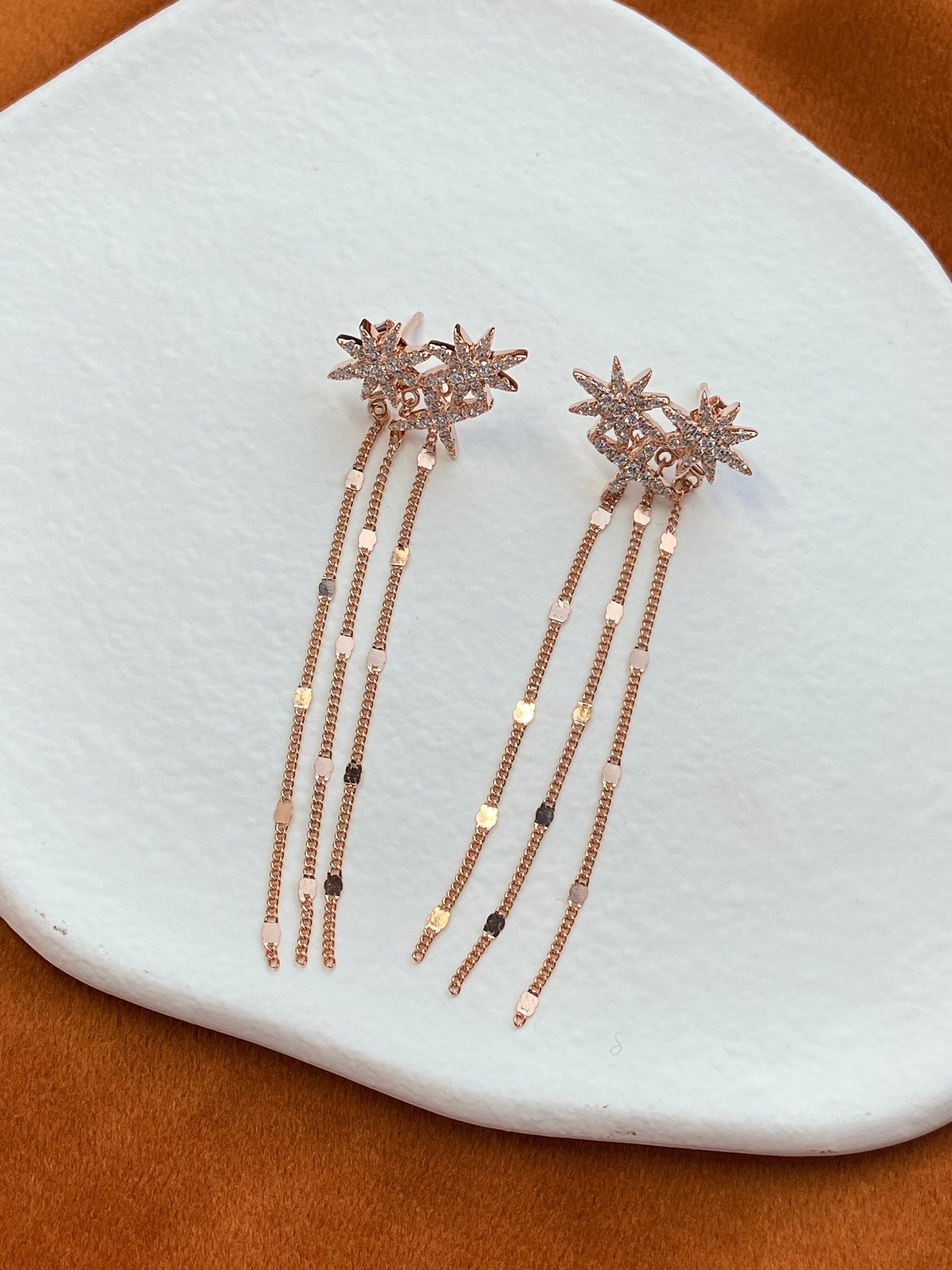 Elegant Shiny Star Chain Tassel Silver Drop Earrings, Dainty Rose Gold Sparkling Star Earrings, 18K Gold Plated 925 Sterling Silver Jewelry
