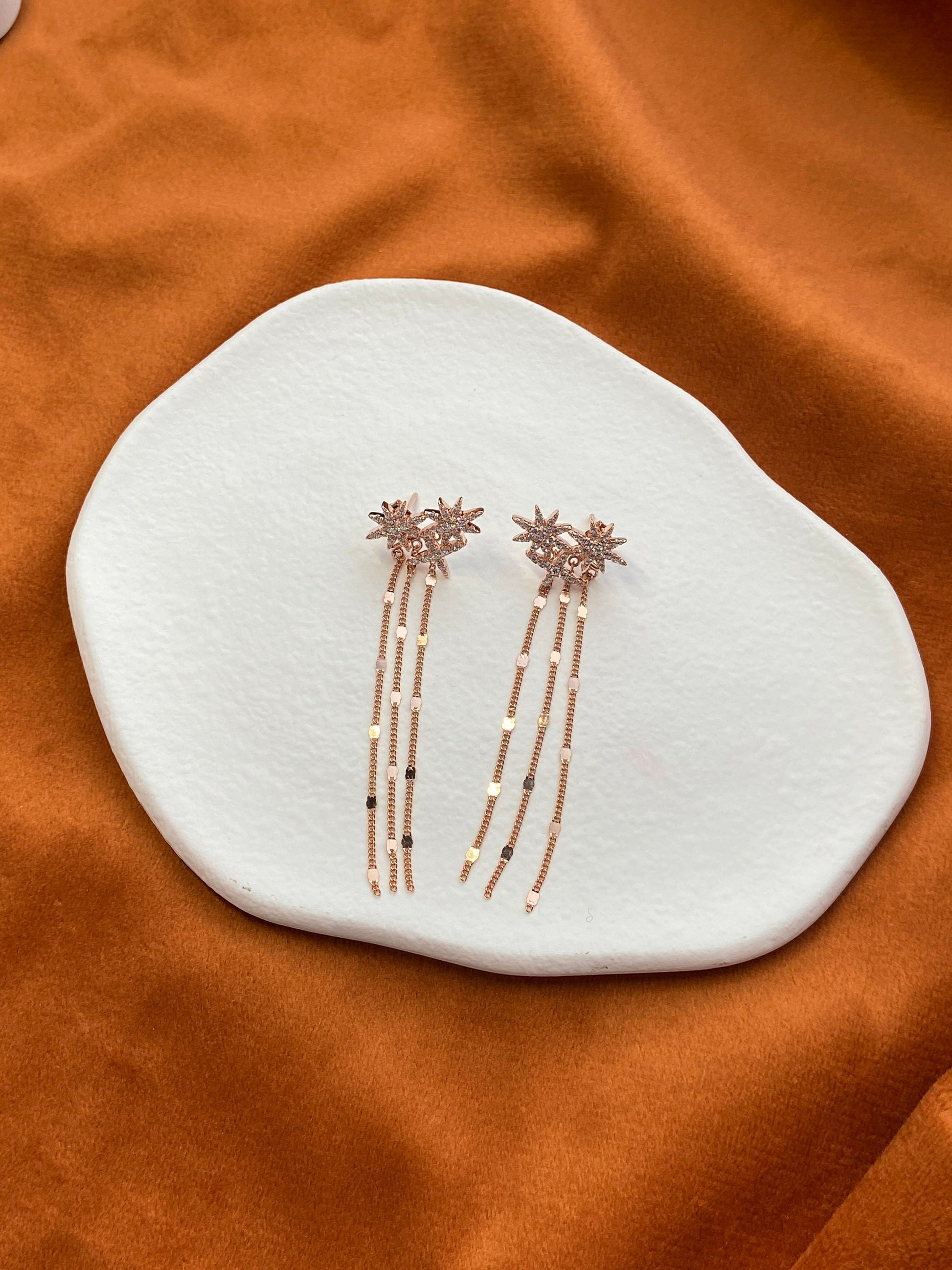 18K Gold Plated 925 Sterling Silver Earrings, Elegant Shiny Star Chain Tassel Silver Drop Jewelry, Dainty Rose Gold Sparkling Star Earrings