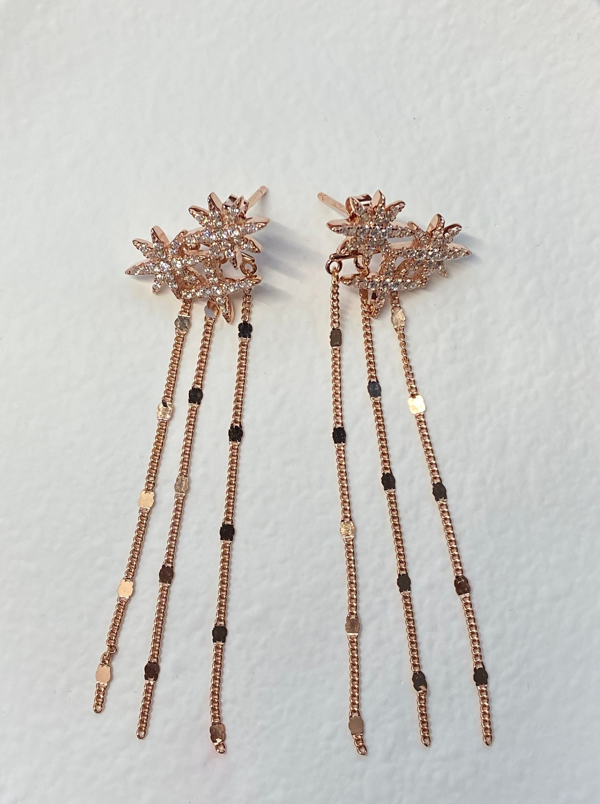 18K Gold Plated 925 Sterling Silver Earrings, Elegant Shiny Star Chain Tassel Silver Drop Jewelry, Dainty Rose Gold Sparkling Star Earrings