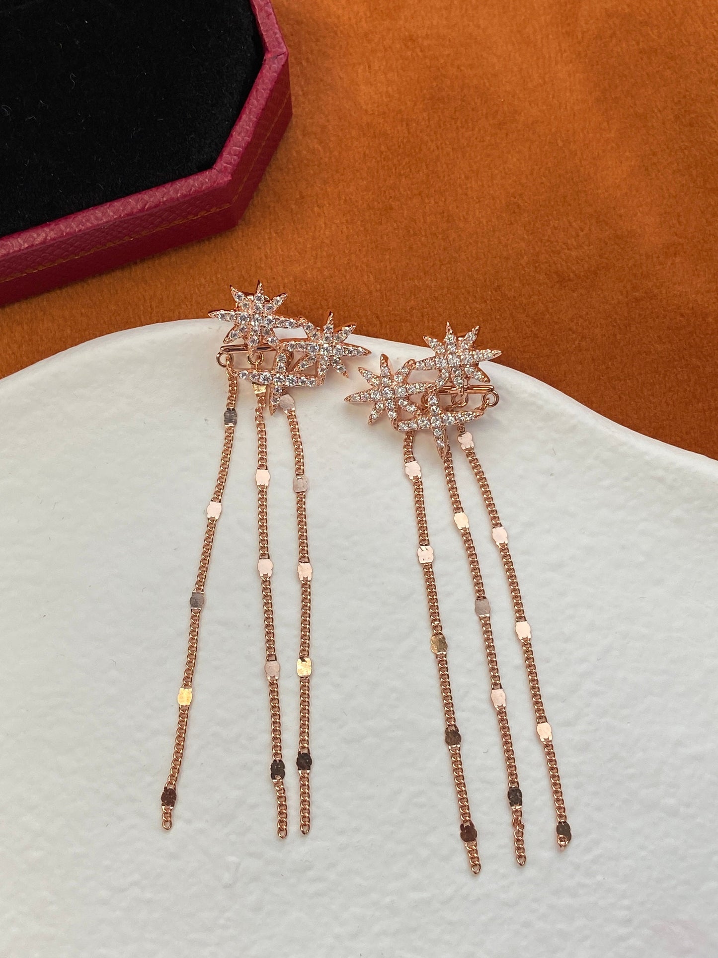 18K Gold Plated 925 Sterling Silver Earrings, Elegant Shiny Star Chain Tassel Silver Drop Jewelry, Dainty Rose Gold Sparkling Star Earrings