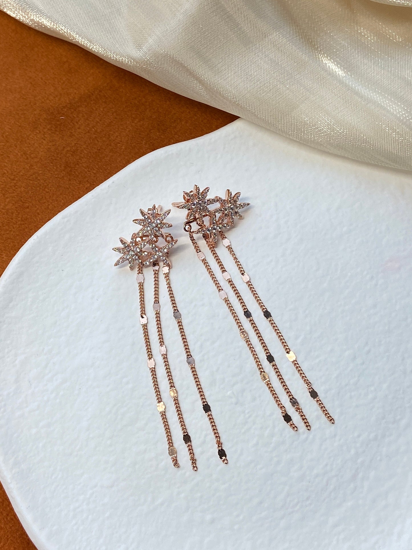 18K Gold Plated 925 Sterling Silver Earrings, Elegant Shiny Star Chain Tassel Silver Drop Jewelry, Dainty Rose Gold Sparkling Star Earrings