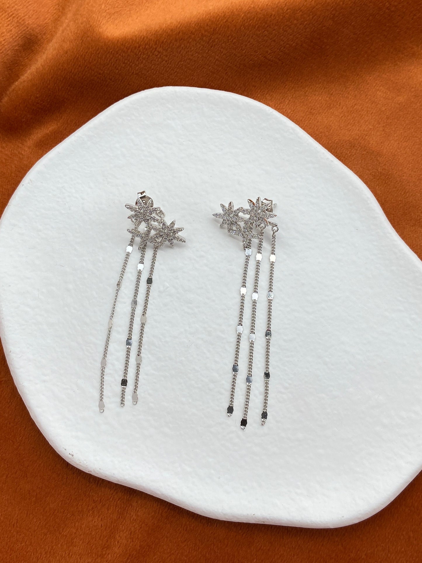 18K Gold Plated 925 Sterling Silver Earrings, Elegant Shiny Star Chain Tassel Silver Drop Jewelry, Dainty Rose Gold Sparkling Star Earrings