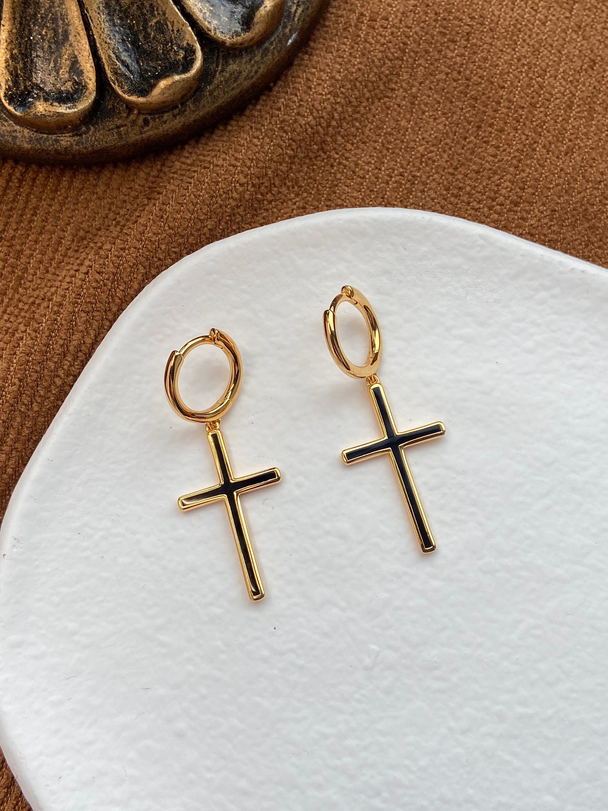 18K Gold Plated 925 Sterling Silver Christian Black White Enamel Cross Hoop Drop Dangle Earrings Thick Plating