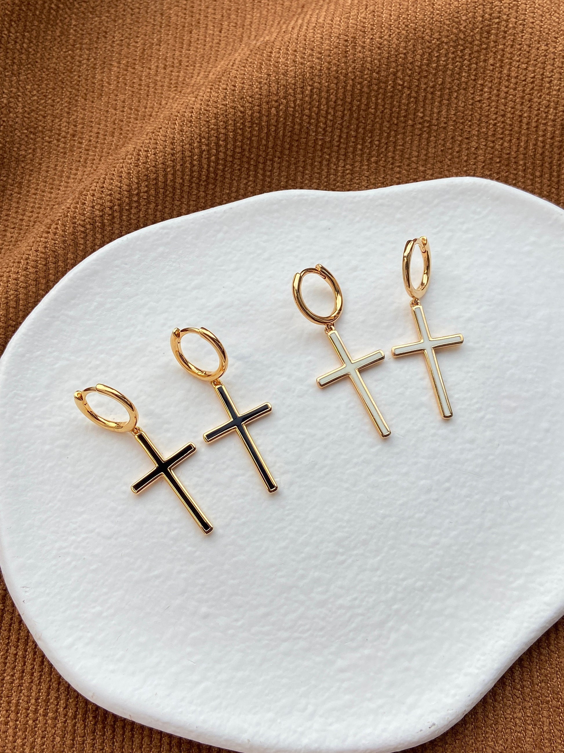 18K Gold Plated 925 Sterling Silver Christian Black White Enamel Cross Hoop Drop Dangle Earrings Thick Plating