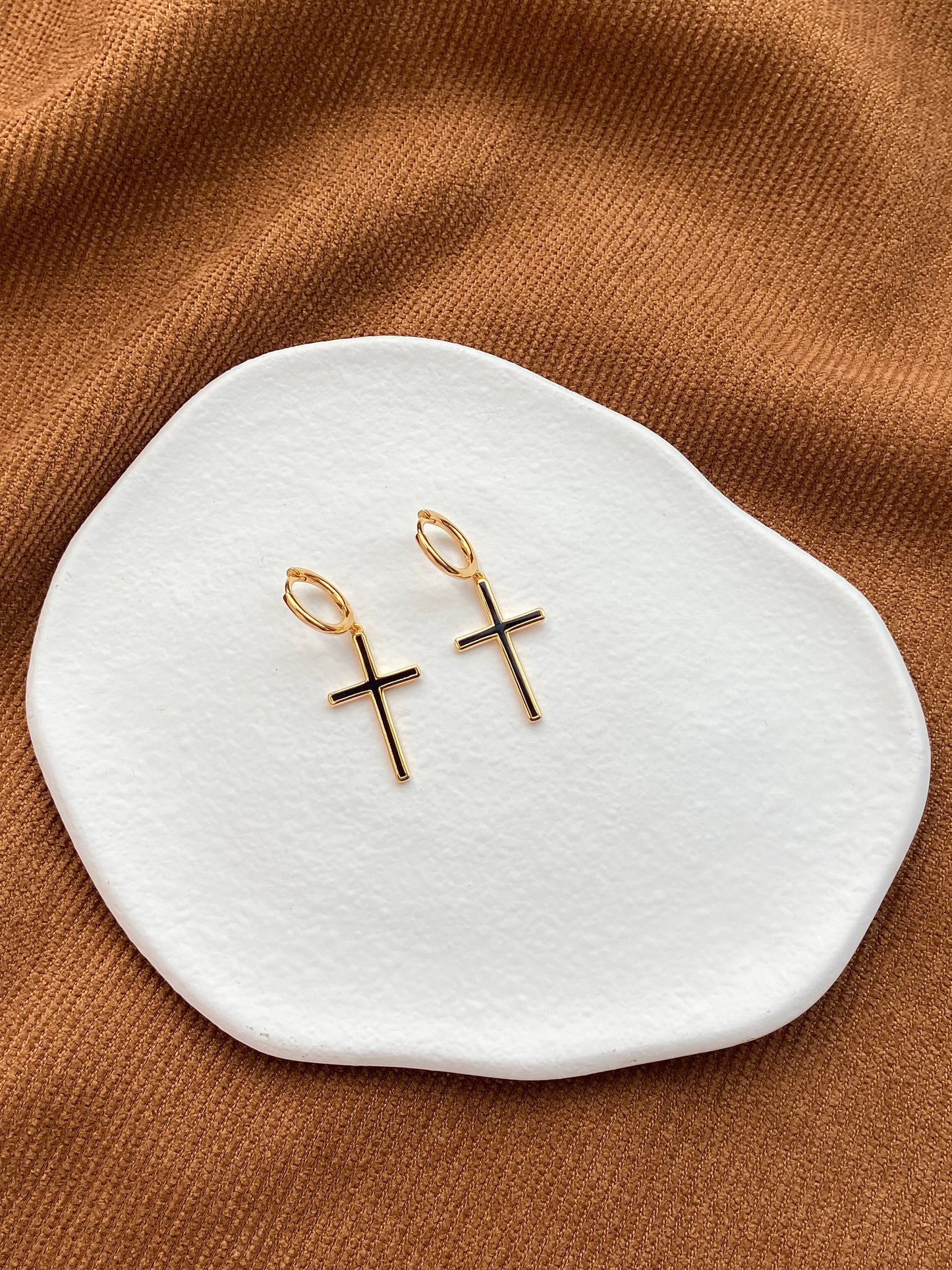 18K Gold Plated 925 Sterling Silver Christian Black White Enamel Cross Hoop Drop Dangle Earrings Thick Plating