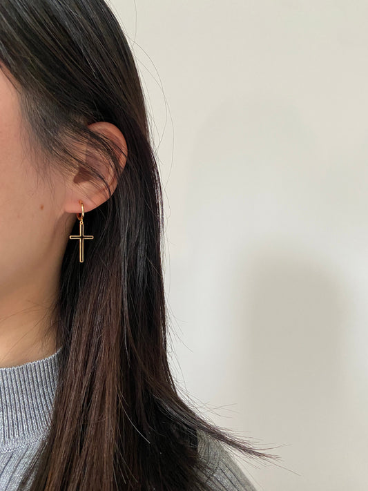18K Gold Plated 925 Sterling Silver Christian Black White Enamel Cross Hoop Drop Dangle Earrings Thick Plating