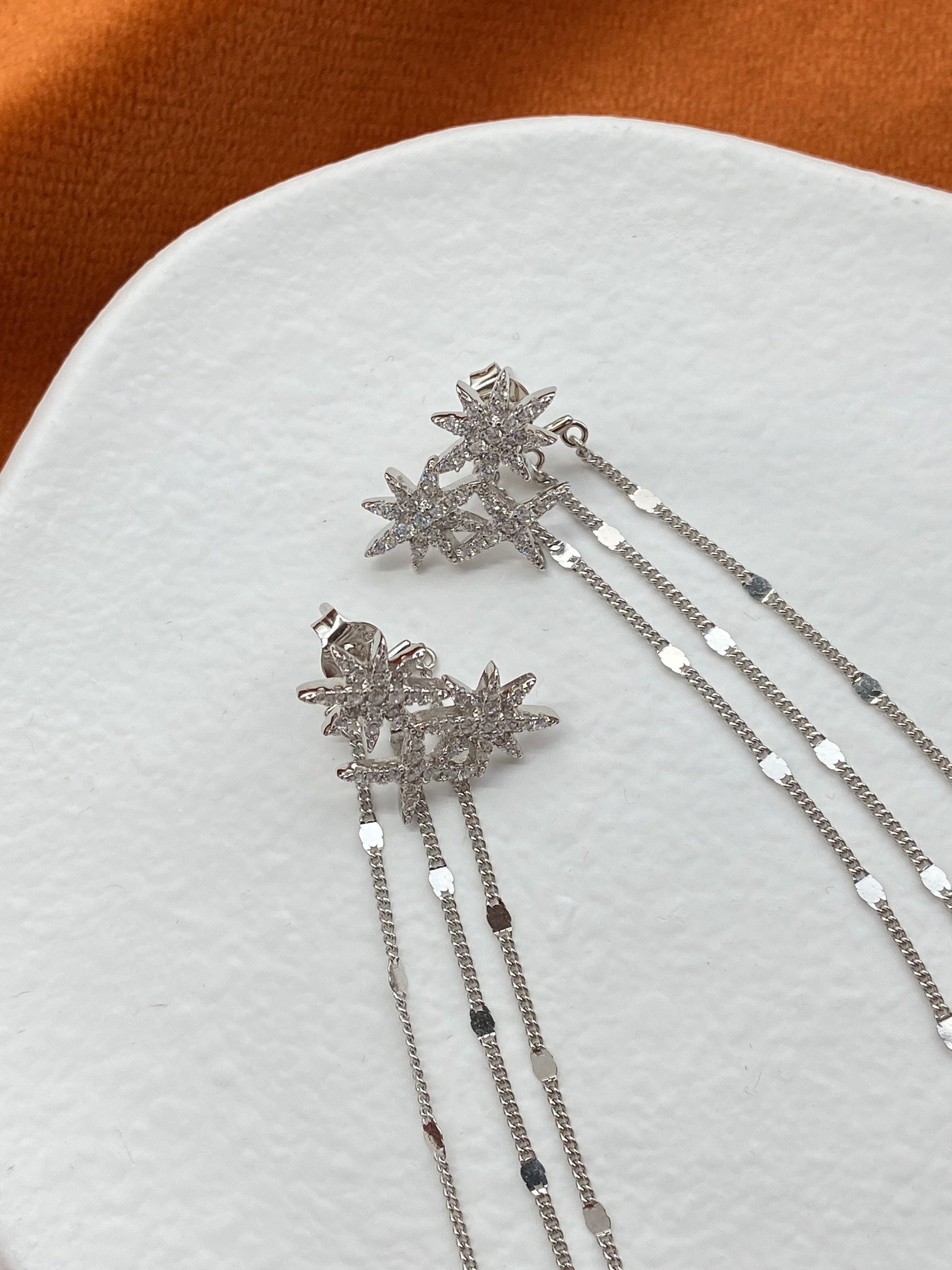 18K Gold Plated 925 Sterling Silver Earrings, Elegant Shiny Star Chain Tassel Silver Drop Jewelry, Dainty Rose Gold Sparkling Star Earrings