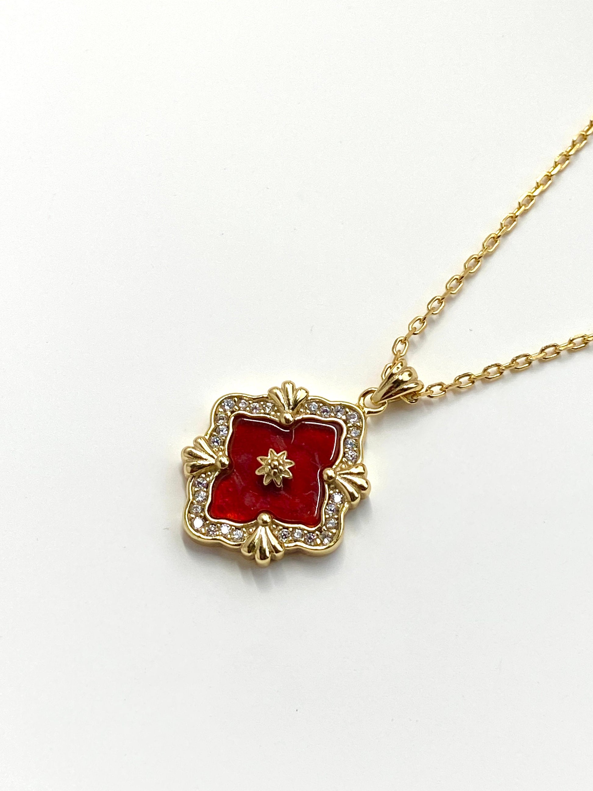 18K Gold Plated 925 Sterling Silver Necklace Carved Red Agate Pendant Necklace