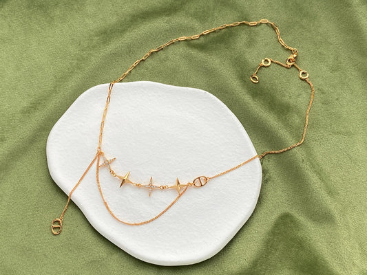 Double Layer Shiny Star Necklace, Golden Chain Necklace, Star Charm Necklace, Thick Plating 18K Gold Plated 925 Sterling Silver Necklace