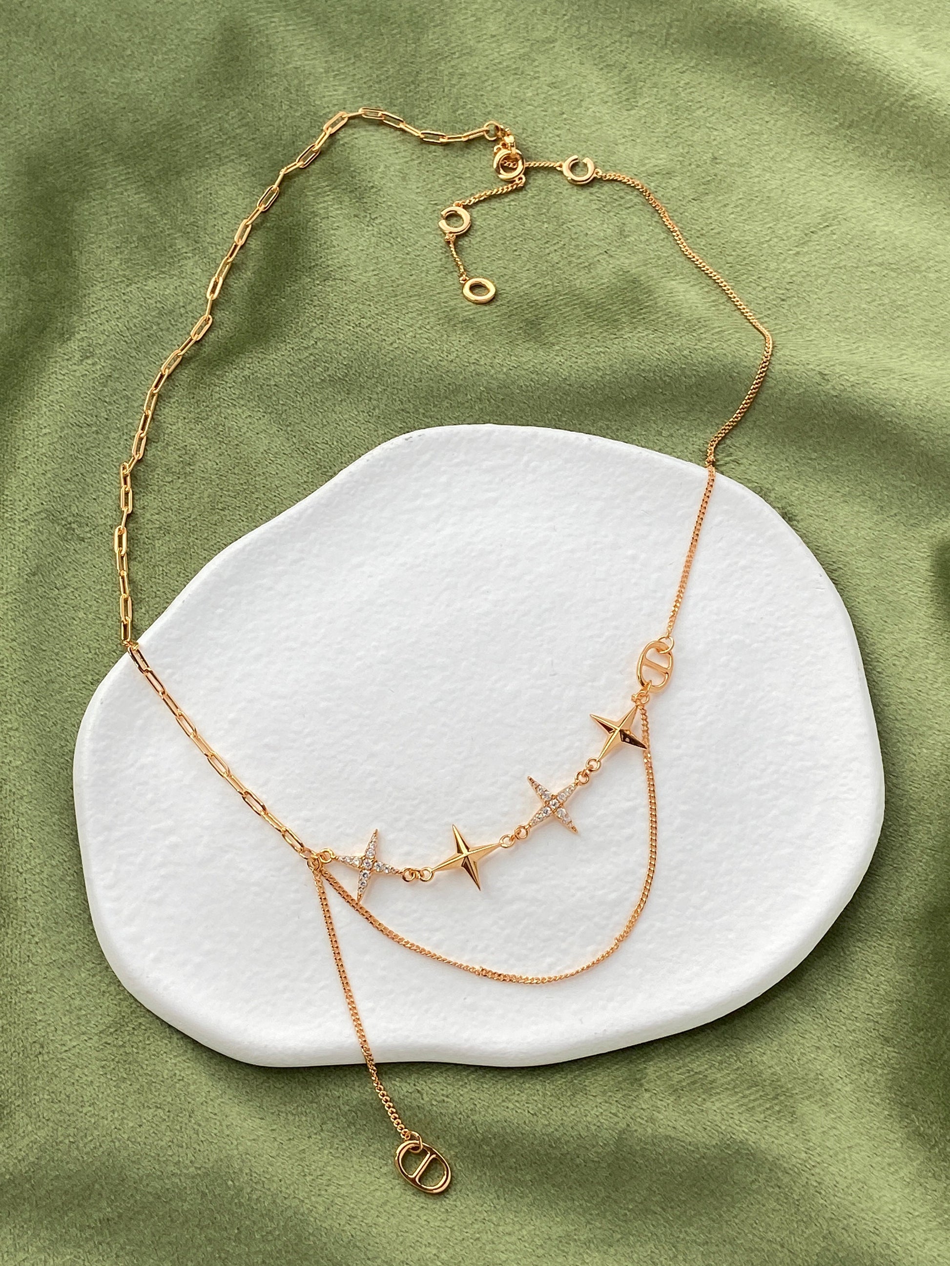 Double Layer Shiny Star Necklace, Golden Chain Necklace, Star Charm Necklace, Thick Plating 18K Gold Plated 925 Sterling Silver Necklace