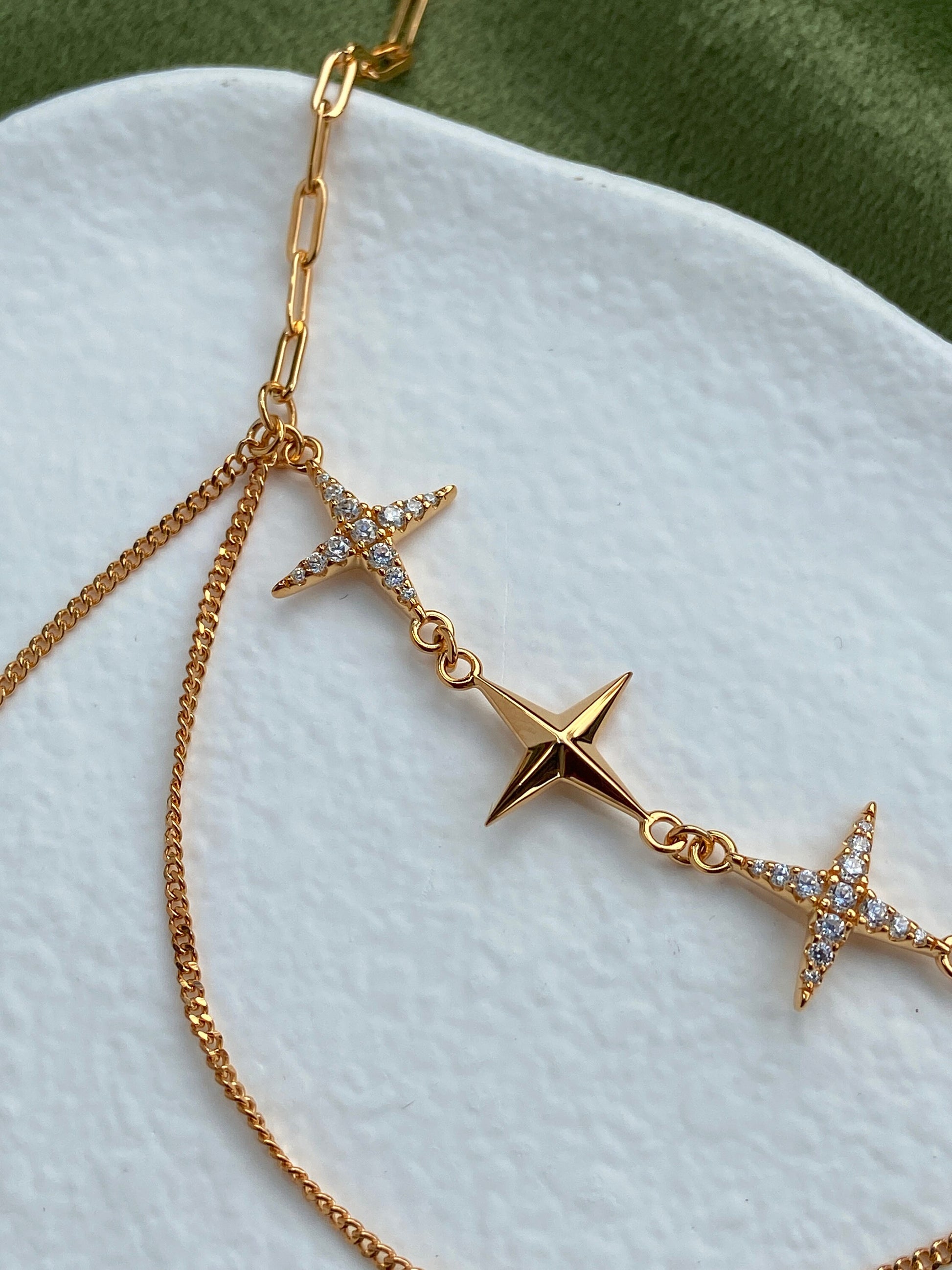 Double Layer Shiny Star Necklace, Golden Chain Necklace, Star Charm Necklace, Thick Plating 18K Gold Plated 925 Sterling Silver Necklace