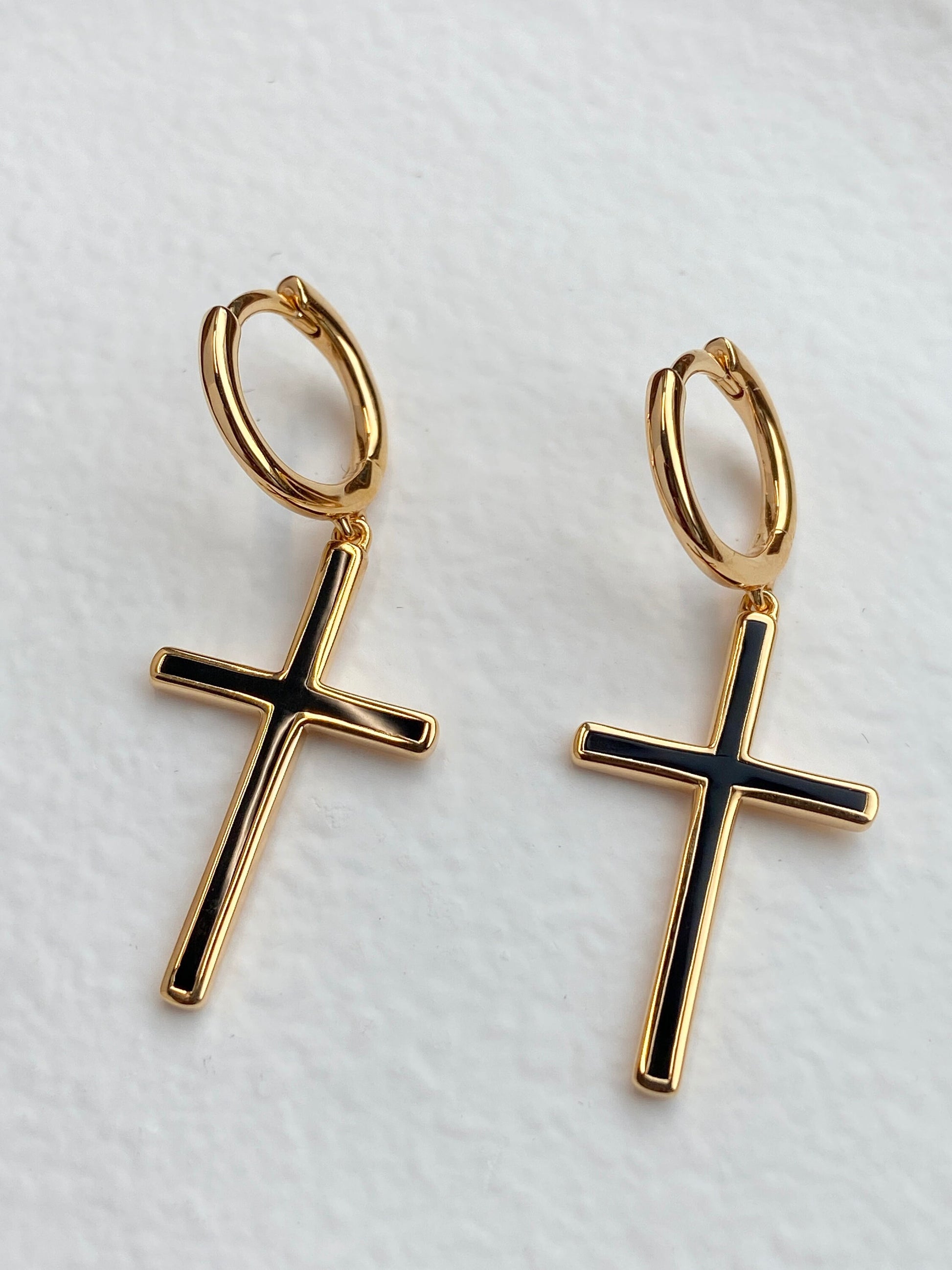18K Gold Plated 925 Sterling Silver Christian Black White Enamel Cross Hoop Drop Dangle Earrings Thick Plating