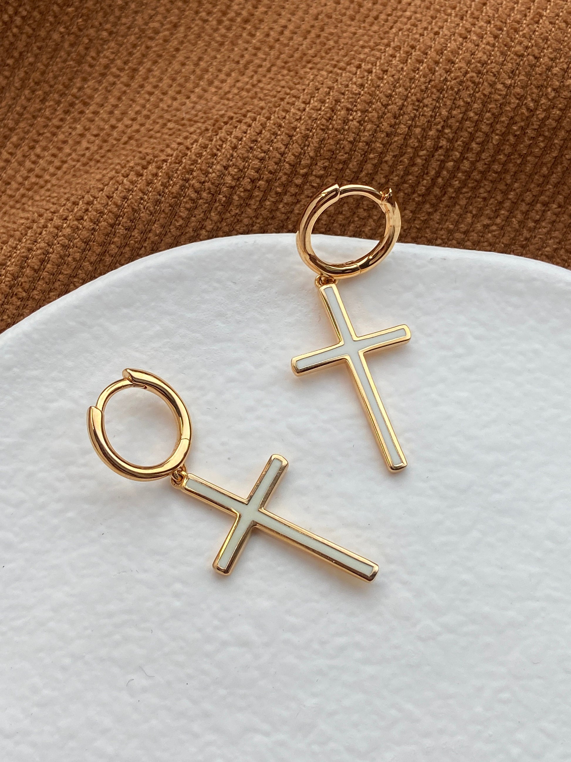 18K Gold Plated 925 Sterling Silver Christian Black White Enamel Cross Hoop Drop Dangle Earrings Thick Plating