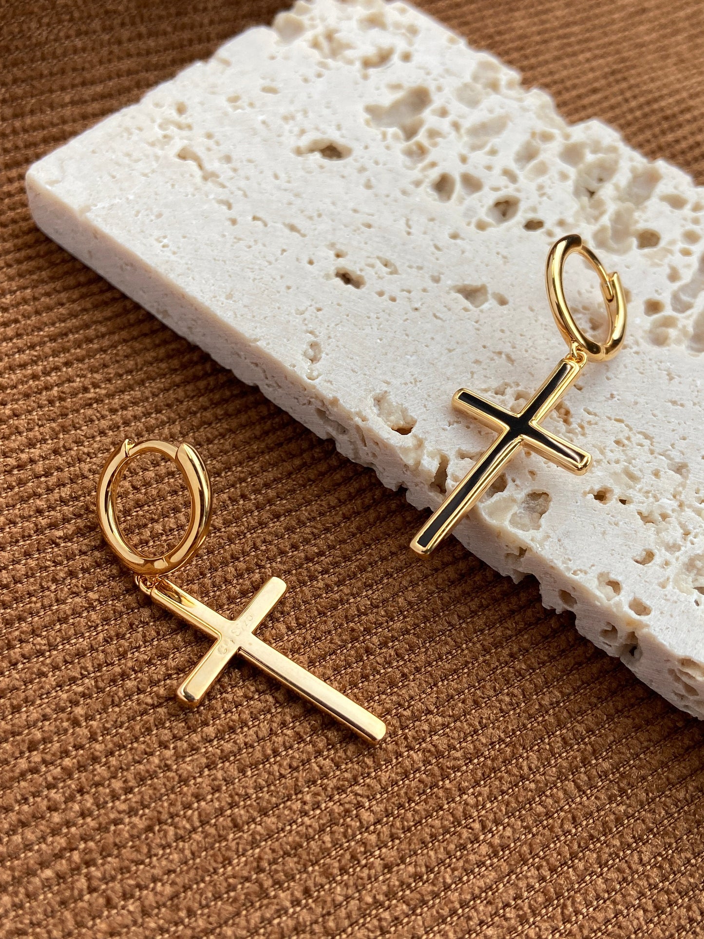 18K Gold Plated 925 Sterling Silver Christian Black White Enamel Cross Hoop Drop Dangle Earrings Thick Plating