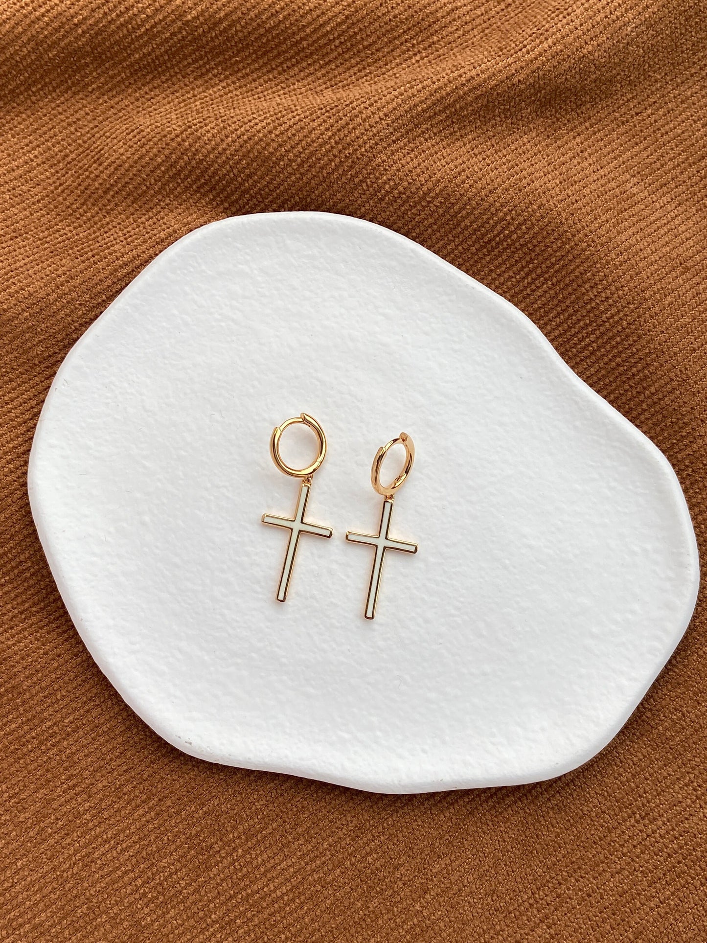 18K Gold Plated 925 Sterling Silver Christian Black White Enamel Cross Hoop Drop Dangle Earrings Thick Plating