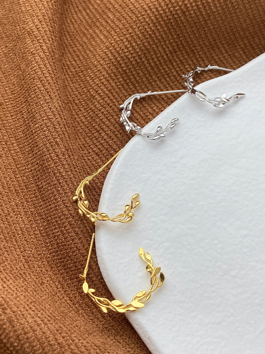 Silver Elegant Vine Hoop Earrings, Golden Semicircular Leaf Stud Earrings, 14K Gold Plated 925 Sterling Silver Jewellery, Dainty Ivy Jewelry