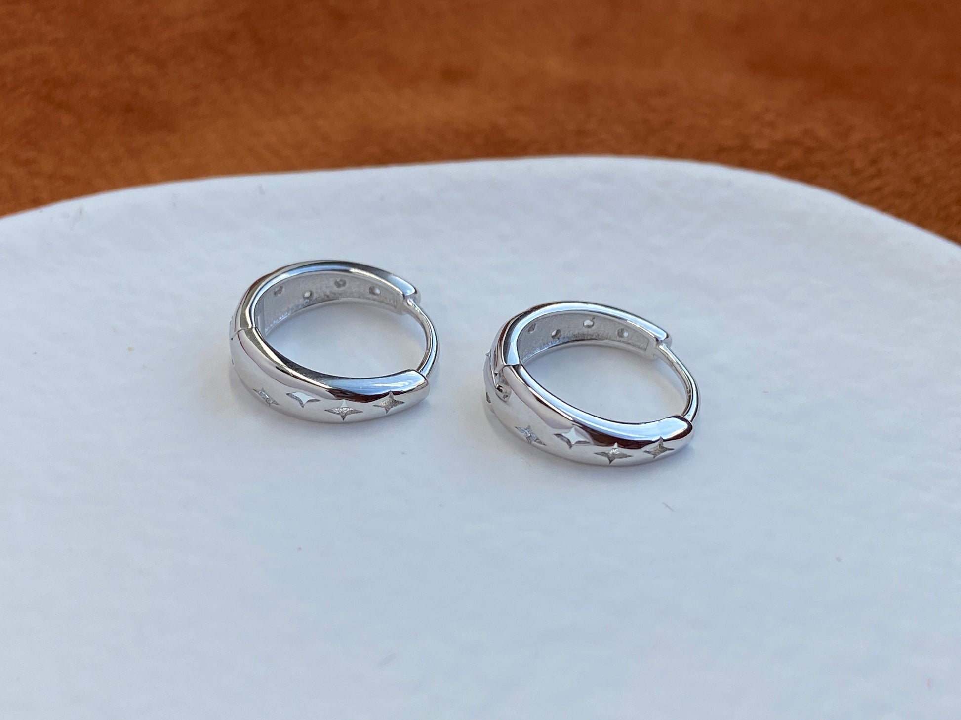 Star Hoop Solid Sterling Silver Earrings, 18K Gold Plated 925 Silver Zircon Sparkling Star Huggie