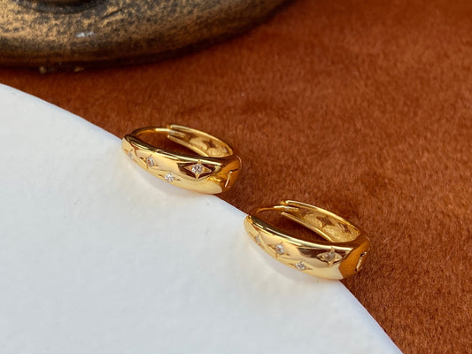 Star Hoop Solid Sterling Silver Earrings, 18K Gold Plated 925 Silver Zircon Sparkling Star Huggie