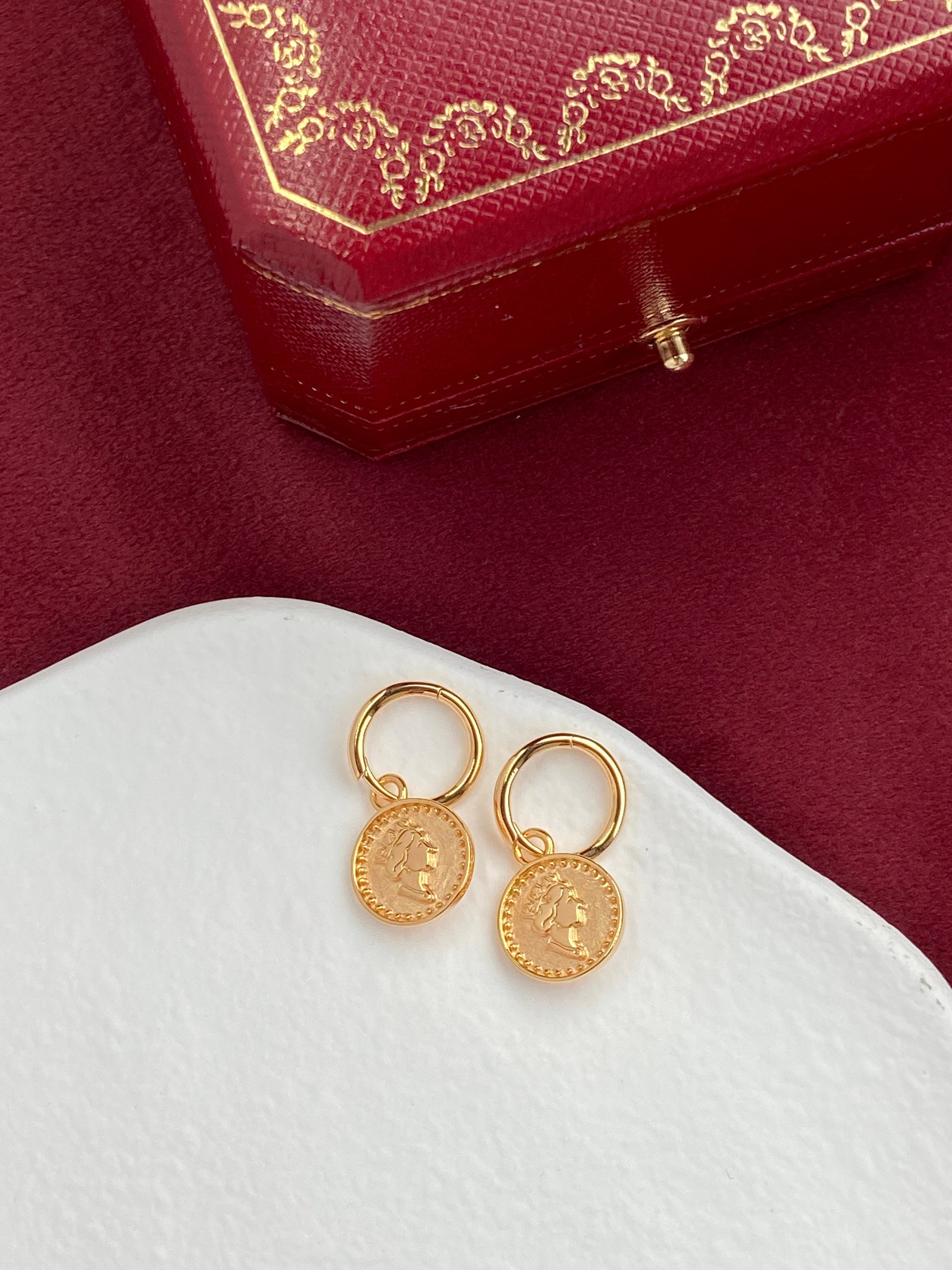 Thick Plating 18K Gold Plated 925 Sterling Silver Earrings, Golden Queens Coin Hoop Earrings, Round Engraved Queens Coin Drop Earrings, Gift