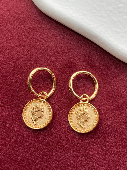 Thick Plating 18K Gold Plated 925 Sterling Silver Earrings, Golden Queens Coin Hoop Earrings, Round Engraved Queens Coin Drop Earrings, Gift