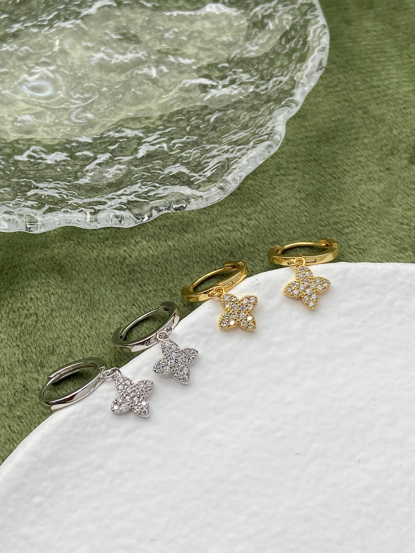 Clover Hoop Earrings, 14K Gold Plated 925 Sterling Silver Flower Drop Earrings