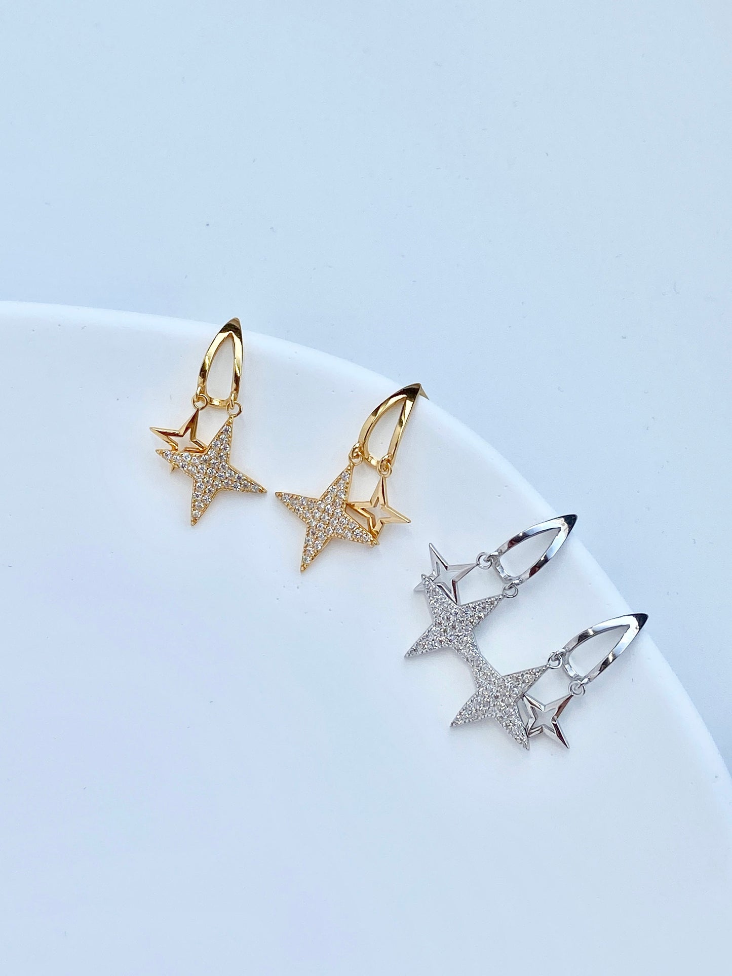 North Star Earrings, Double Star Drop Earrings, Shiny Star Hook Earrings, 14K Gold Plated 925 Sterling Silver Earrings, Star Jewellery Gift