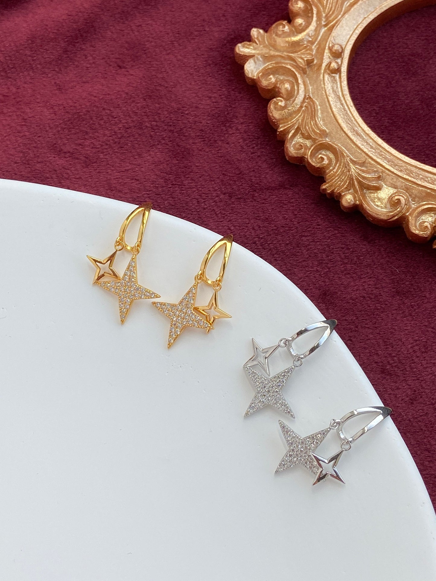 North Star Earrings, Double Star Drop Earrings, Shiny Star Hook Earrings, 14K Gold Plated 925 Sterling Silver Earrings, Star Jewellery Gift