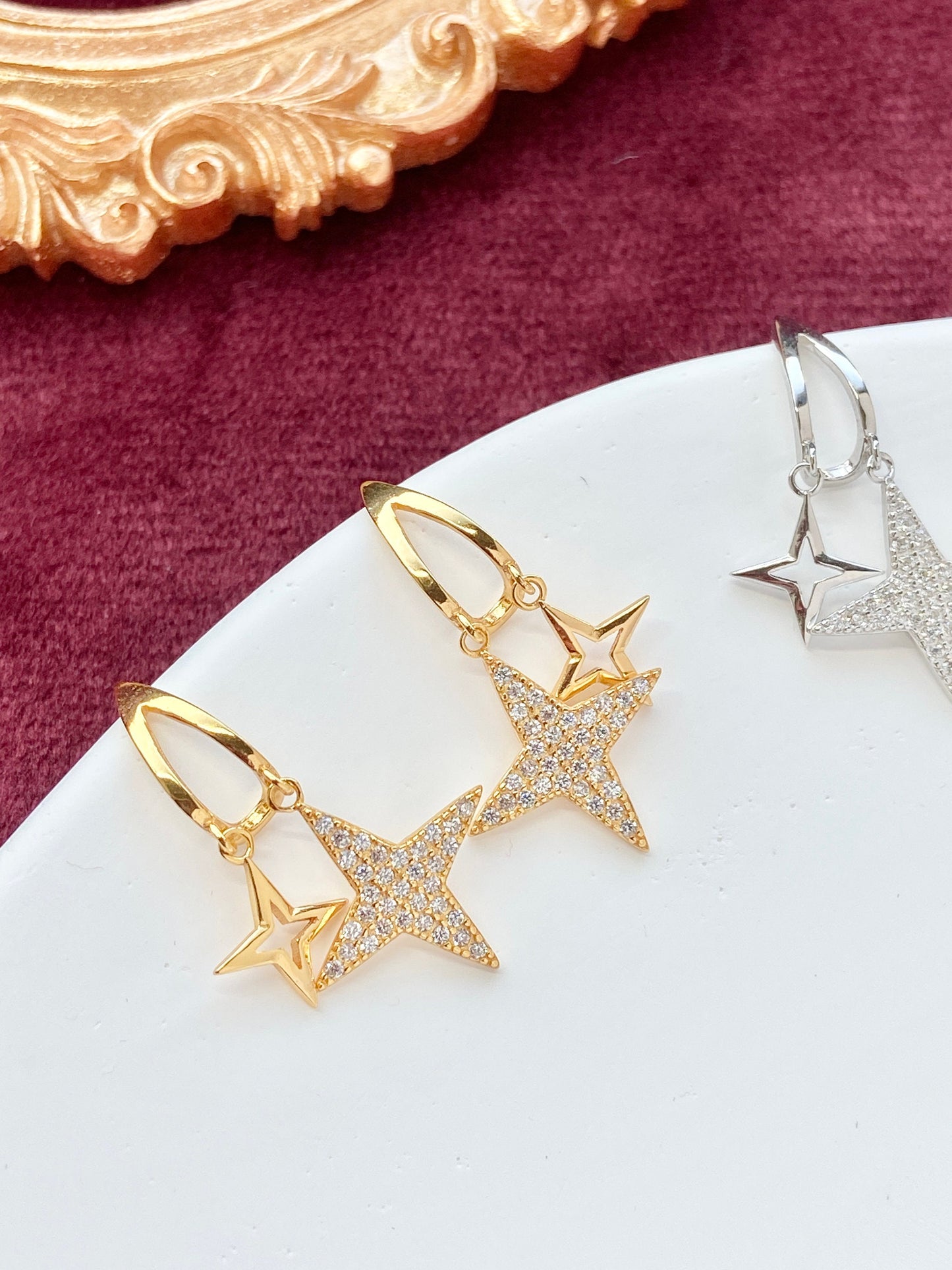 North Star Earrings, Double Star Drop Earrings, Shiny Star Hook Earrings, 14K Gold Plated 925 Sterling Silver Earrings, Star Jewellery Gift