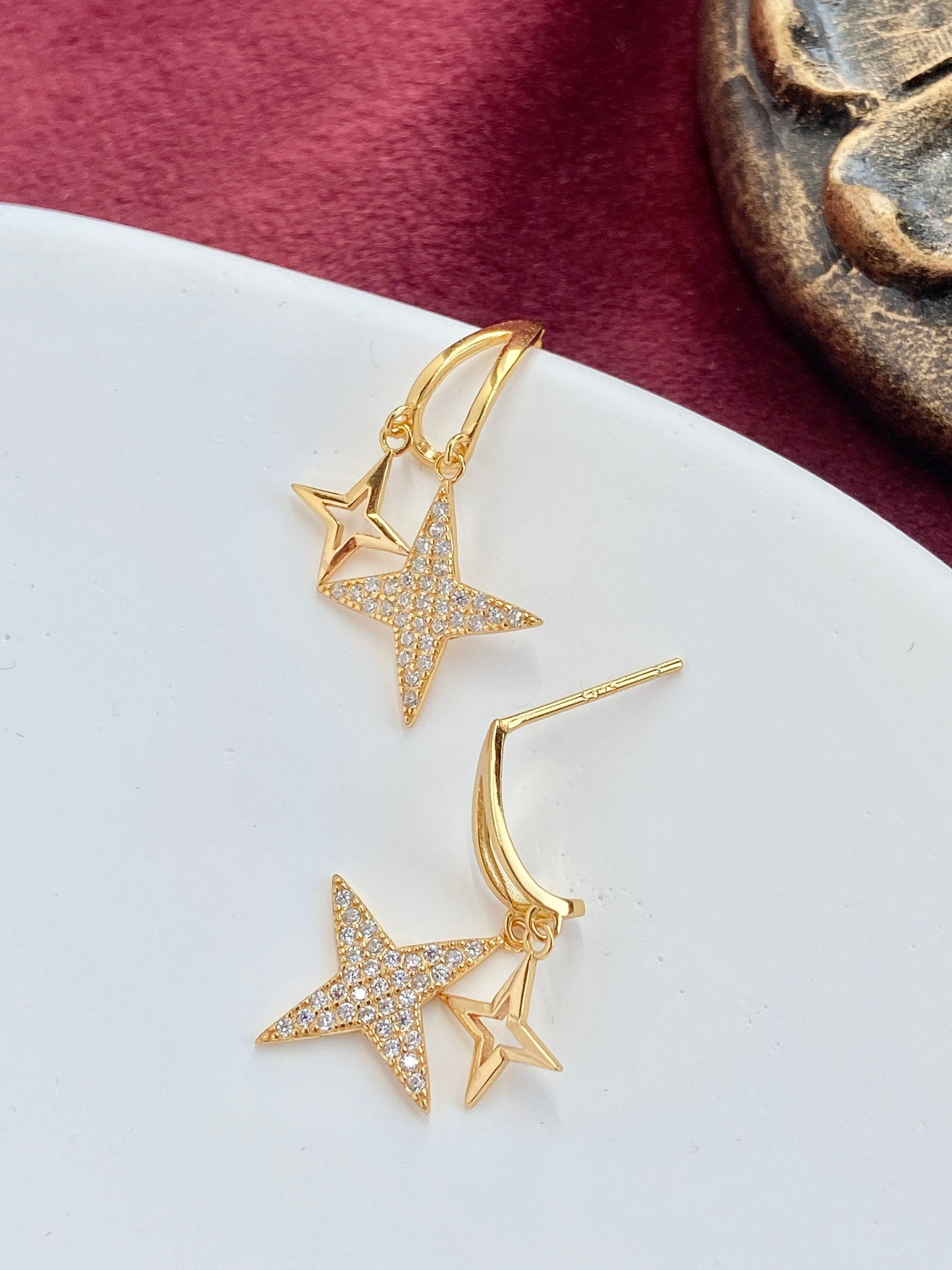 North Star Earrings, Double Star Drop Earrings, Shiny Star Hook Earrings, 14K Gold Plated 925 Sterling Silver Earrings, Star Jewellery Gift
