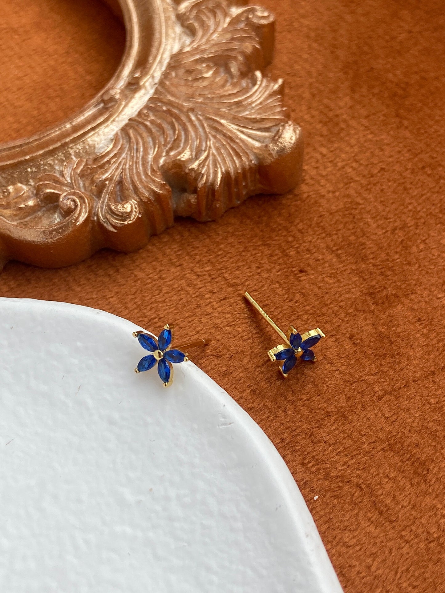 Dainty Blue Flower Earrings, Elegant Cute Five-Petaled Flowers Stud Earrings Jewelry, 14K Gold Plated 925 Sterling Silver Earrings Jewellery
