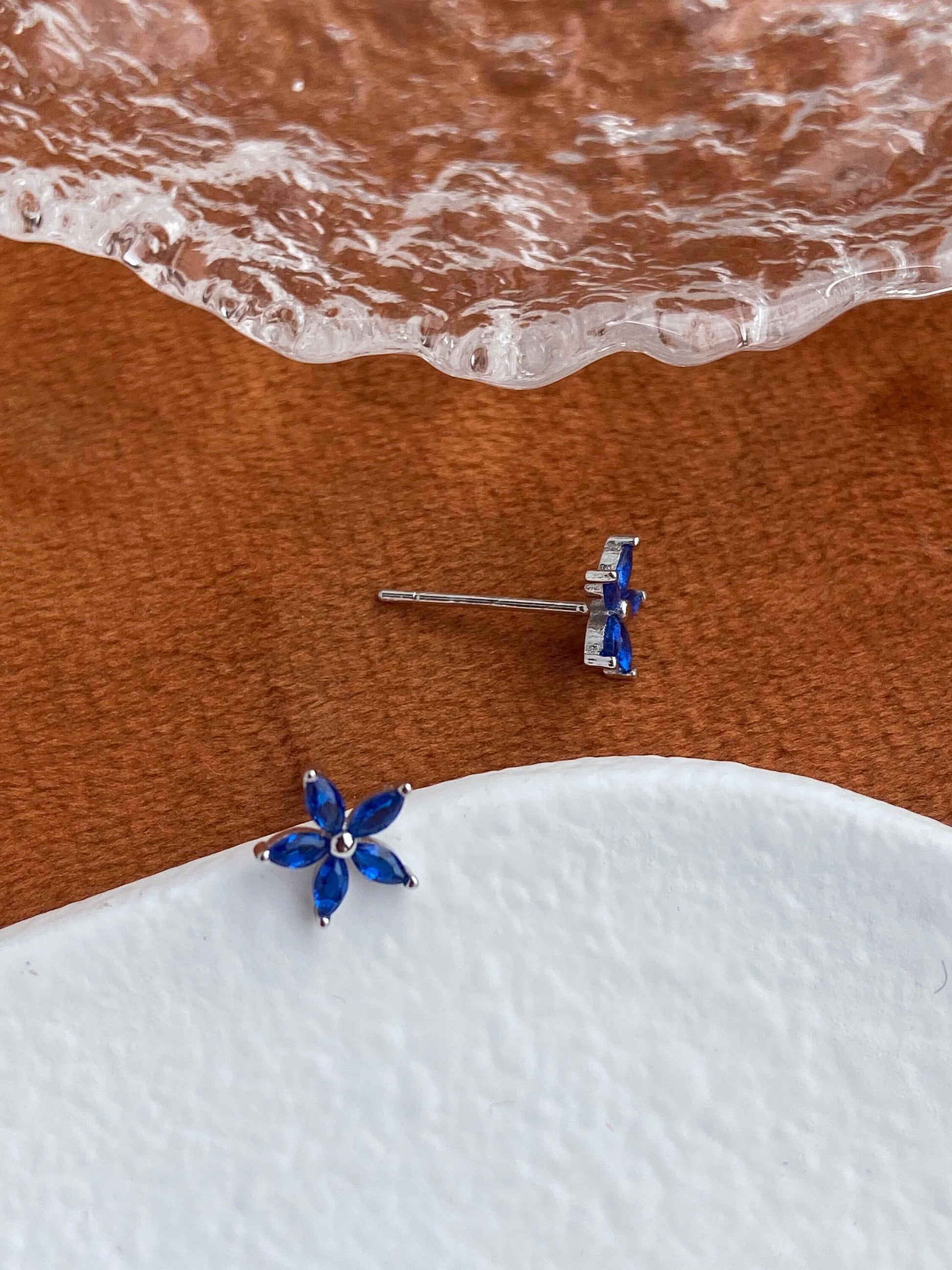 Dainty Blue Flower Earrings, Elegant Cute Five-Petaled Flowers Stud Earrings Jewelry, 14K Gold Plated 925 Sterling Silver Earrings Jewellery