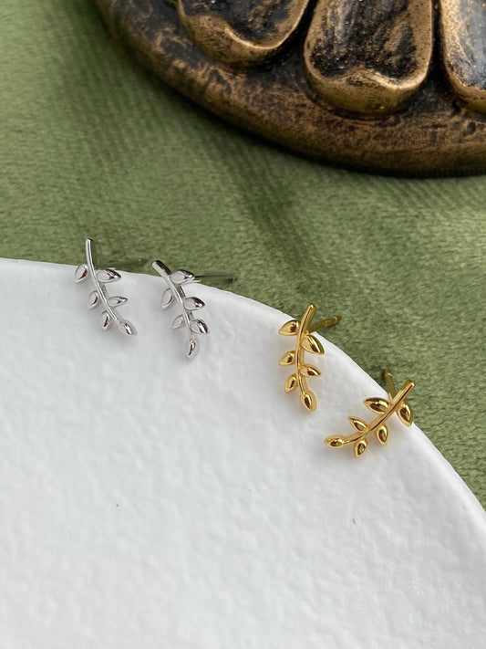 Minimalist Basic Leaf Stud Earrings, Daily Simple Cute Twig Branch Earrings Jewelry, Dainty 14K Gold Plated 925 Sterling Silver Jewellery