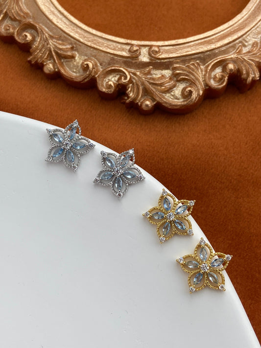 Dainty Blue Flower Zircon Stud Earrings, Golden Luxury Sapphire Floral Earrings, Gold Five Petal Jewelry, Silver Celeste Stone Jewellery