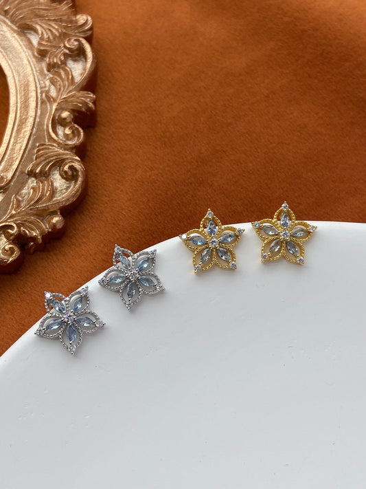 Dainty Blue Flower Zircon Stud Earrings, Golden Luxury Sapphire Floral Earrings, Gold Five Petal Jewelry, Silver Celeste Stone Jewellery