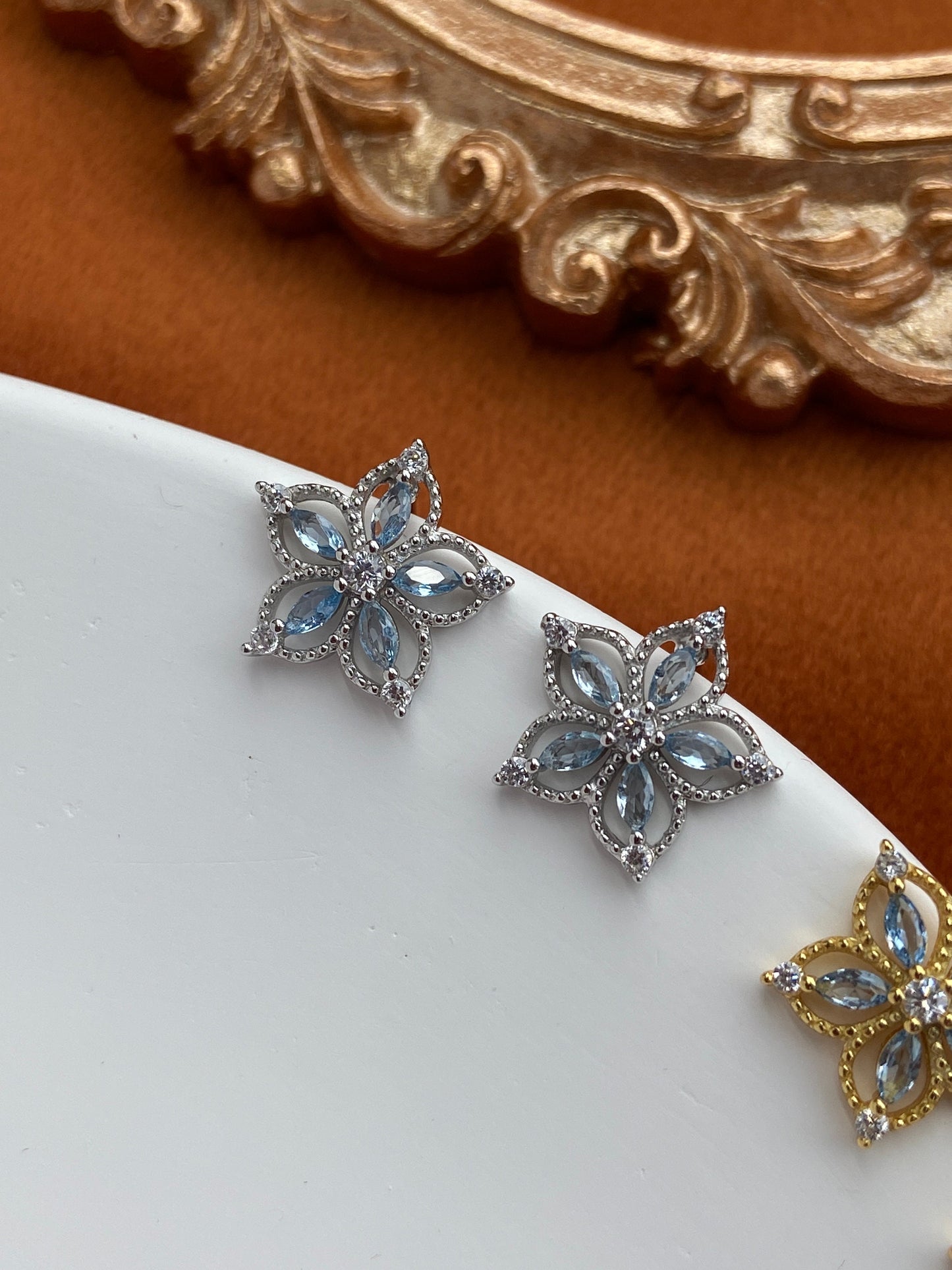 Dainty Blue Flower Zircon Stud Earrings, Golden Luxury Sapphire Floral Earrings, Gold Five Petal Jewelry, Silver Celeste Stone Jewellery