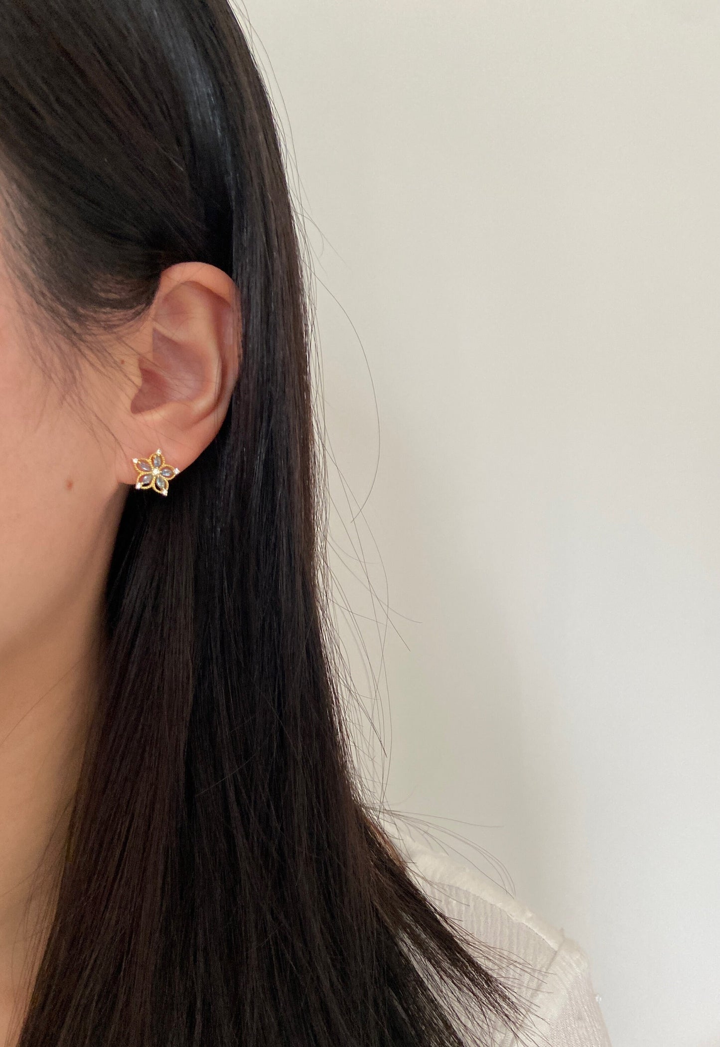 Dainty Blue Flower Zircon Stud Earrings, Golden Luxury Sapphire Floral Earrings, Gold Five Petal Jewelry, Silver Celeste Stone Jewellery