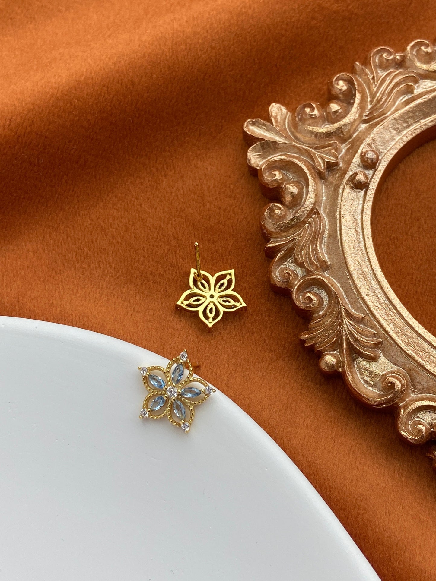 Dainty Blue Flower Zircon Stud Earrings, Golden Luxury Sapphire Floral Earrings, Gold Five Petal Jewelry, Silver Celeste Stone Jewellery