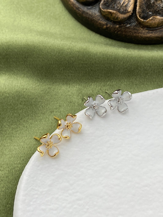 14K Gold Plated 925 Sterling Silver Lovely Cute White Four Leaf Clover Flower Stud Earrings
