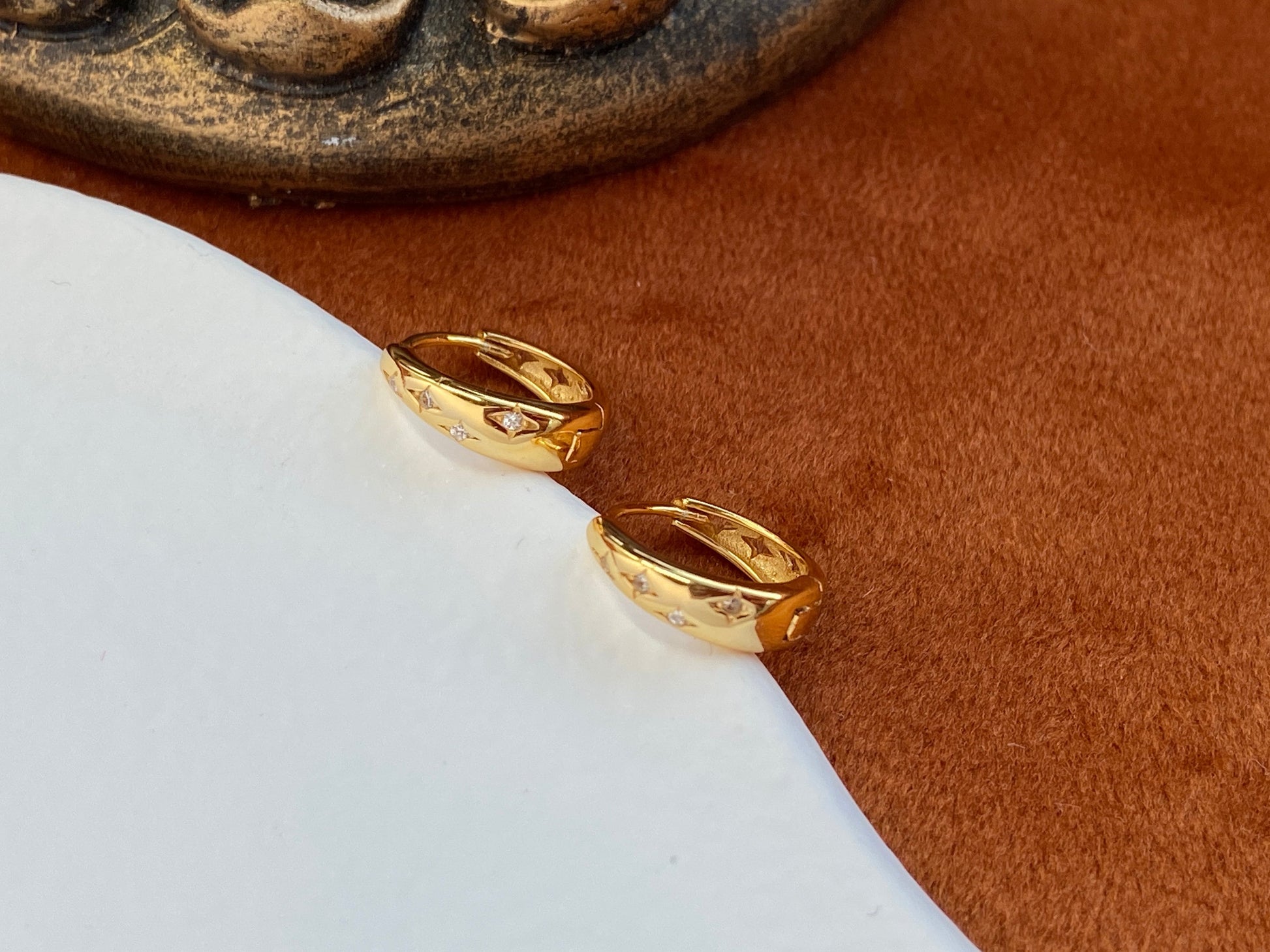 Star Hoop Solid Sterling Silver Earrings, 18K Gold Plated 925 Silver Zircon Sparkling Star Huggie