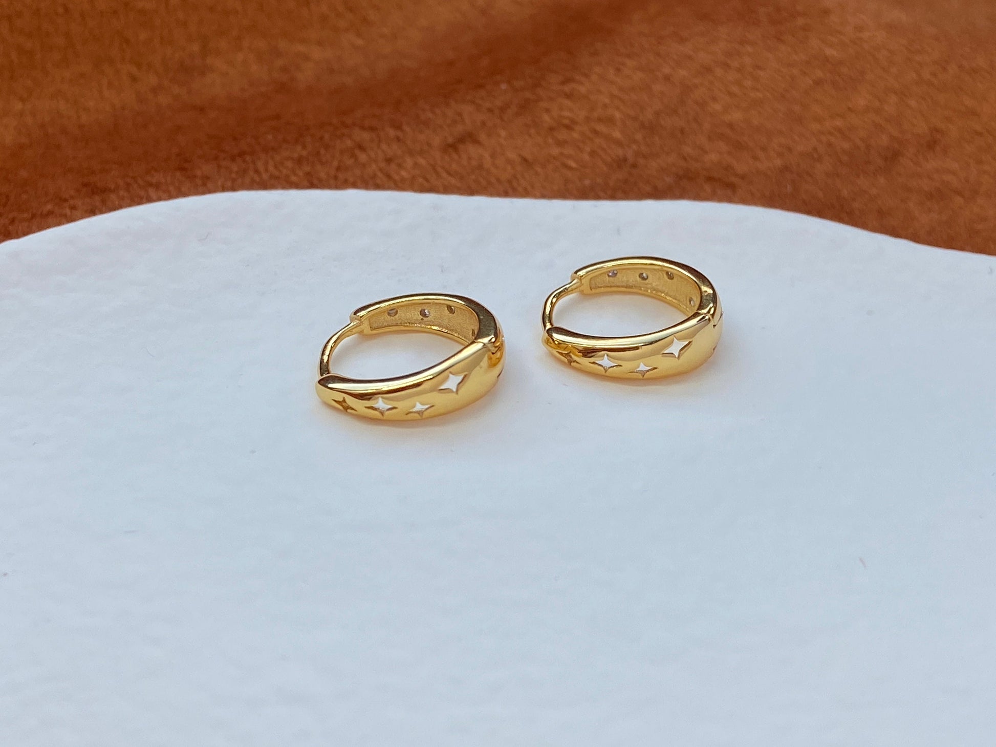 Star Hoop Solid Sterling Silver Earrings, 18K Gold Plated 925 Silver Zircon Sparkling Star Huggie