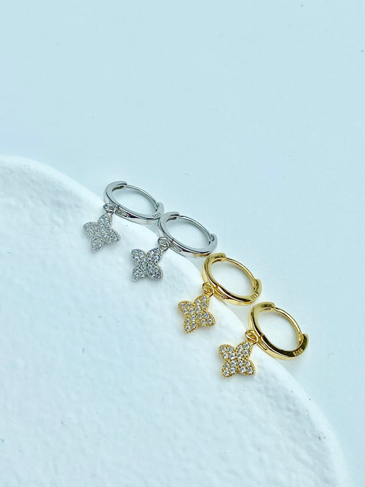 Clover Hoop Earrings, 14K Gold Plated 925 Sterling Silver Flower Drop Earrings