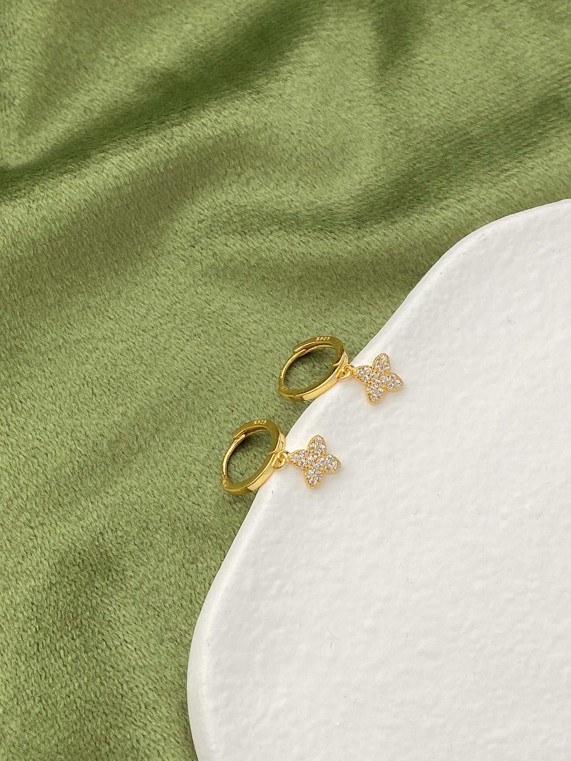 Clover Hoop Earrings, 14K Gold Plated 925 Sterling Silver Flower Drop Earrings