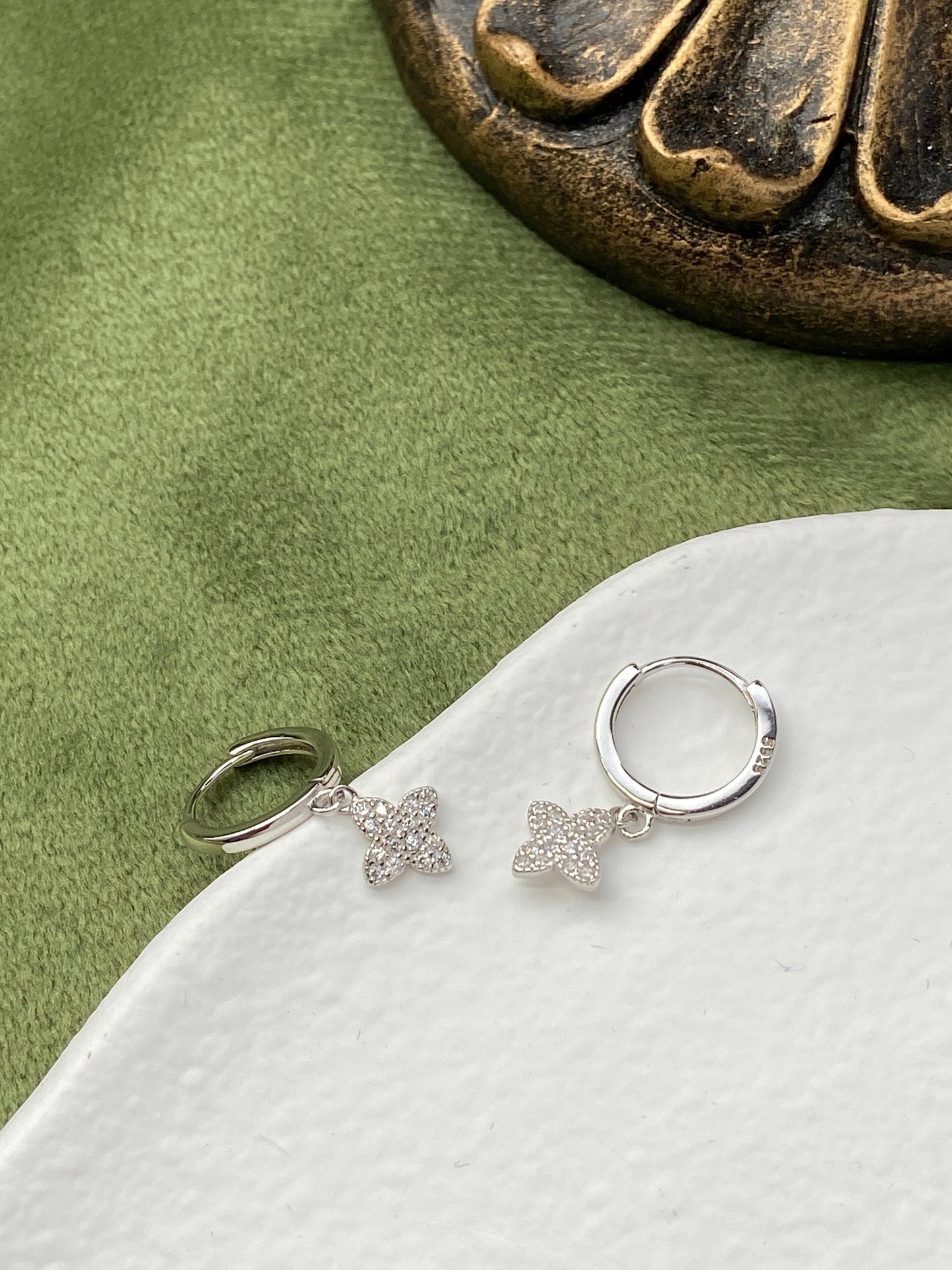 Clover Hoop Earrings, 14K Gold Plated 925 Sterling Silver Flower Drop Earrings