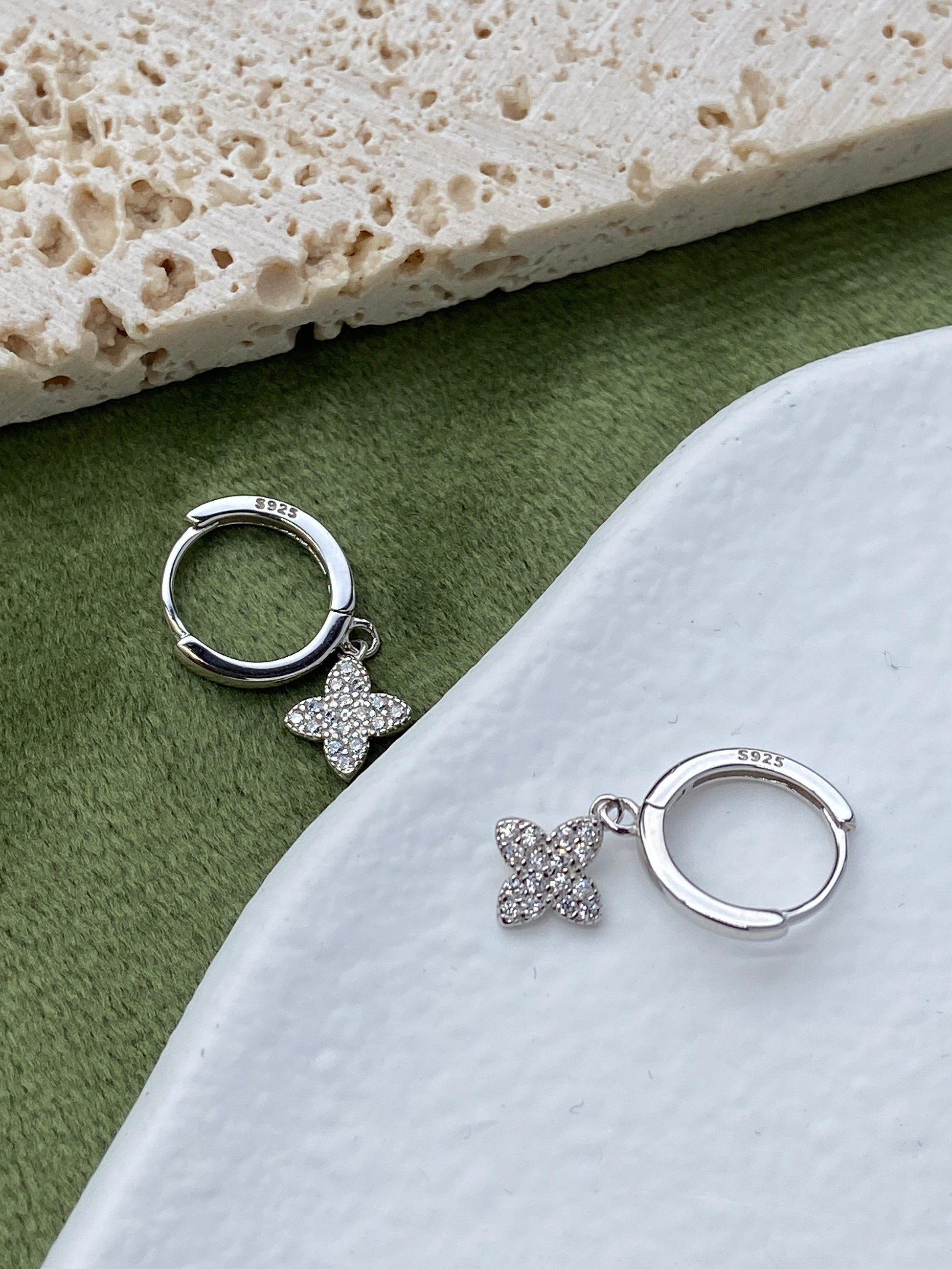 Clover Hoop Earrings, 14K Gold Plated 925 Sterling Silver Flower Drop Earrings