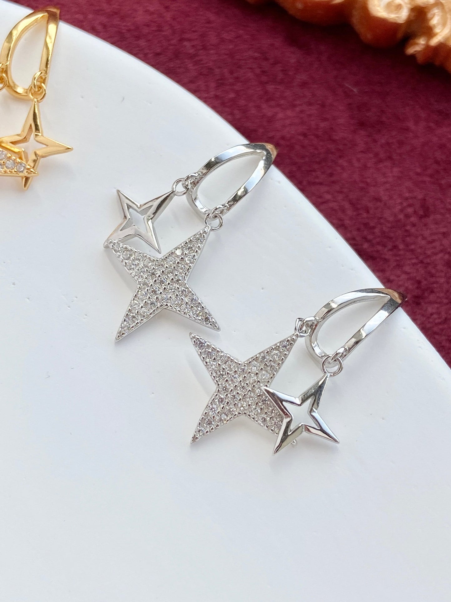 North Star Earrings, Double Star Drop Earrings, Shiny Star Hook Earrings, 14K Gold Plated 925 Sterling Silver Earrings, Star Jewellery Gift