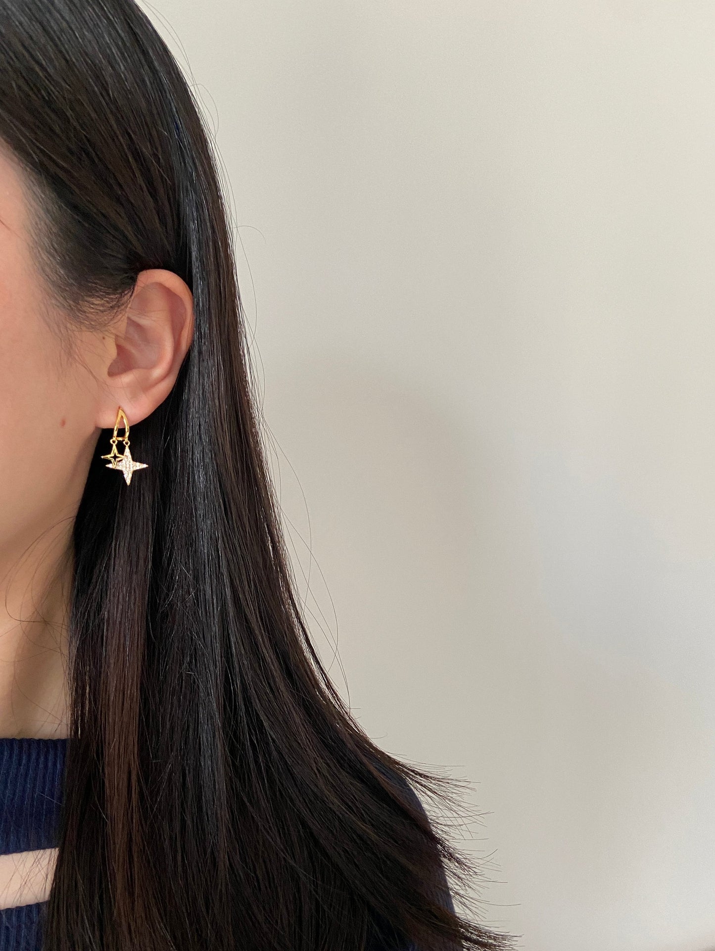 North Star Earrings, Double Star Drop Earrings, Shiny Star Hook Earrings, 14K Gold Plated 925 Sterling Silver Earrings, Star Jewellery Gift